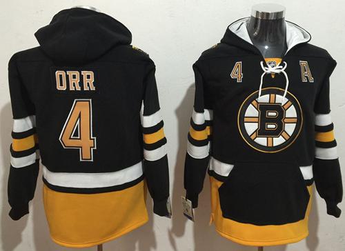 Bruins #4 Bobby Orr Black Name & Number Pullover NHL Hoodie - Click Image to Close